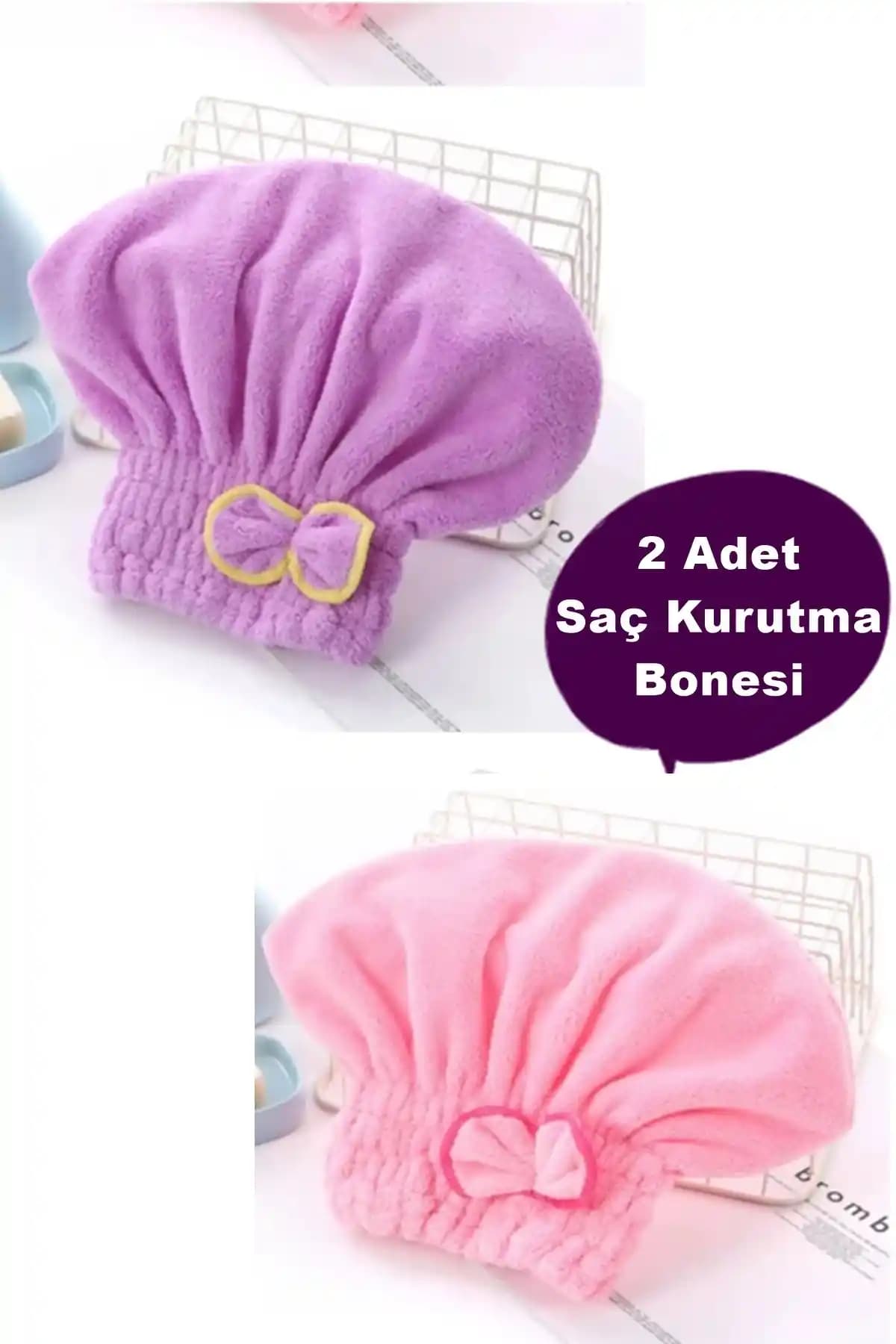Kitchen Beauty İki Adet Mikrofiber Saç Kurutma Bonesi Pratik ve Estetik Kullanım Kolaylığıyla