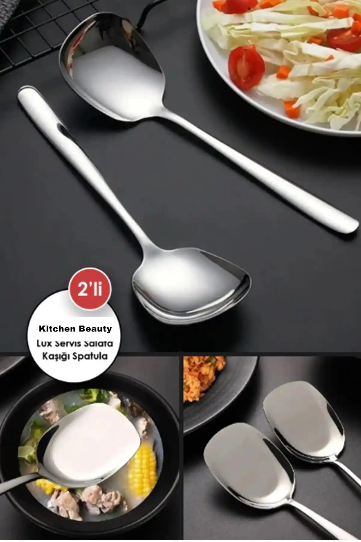 Kitchen Beauty Paslanmaz Çelik Servis Seti 21 cm Kaşık ve Spatula ile Mutfakta Şıklık ve Fonksiyonellik