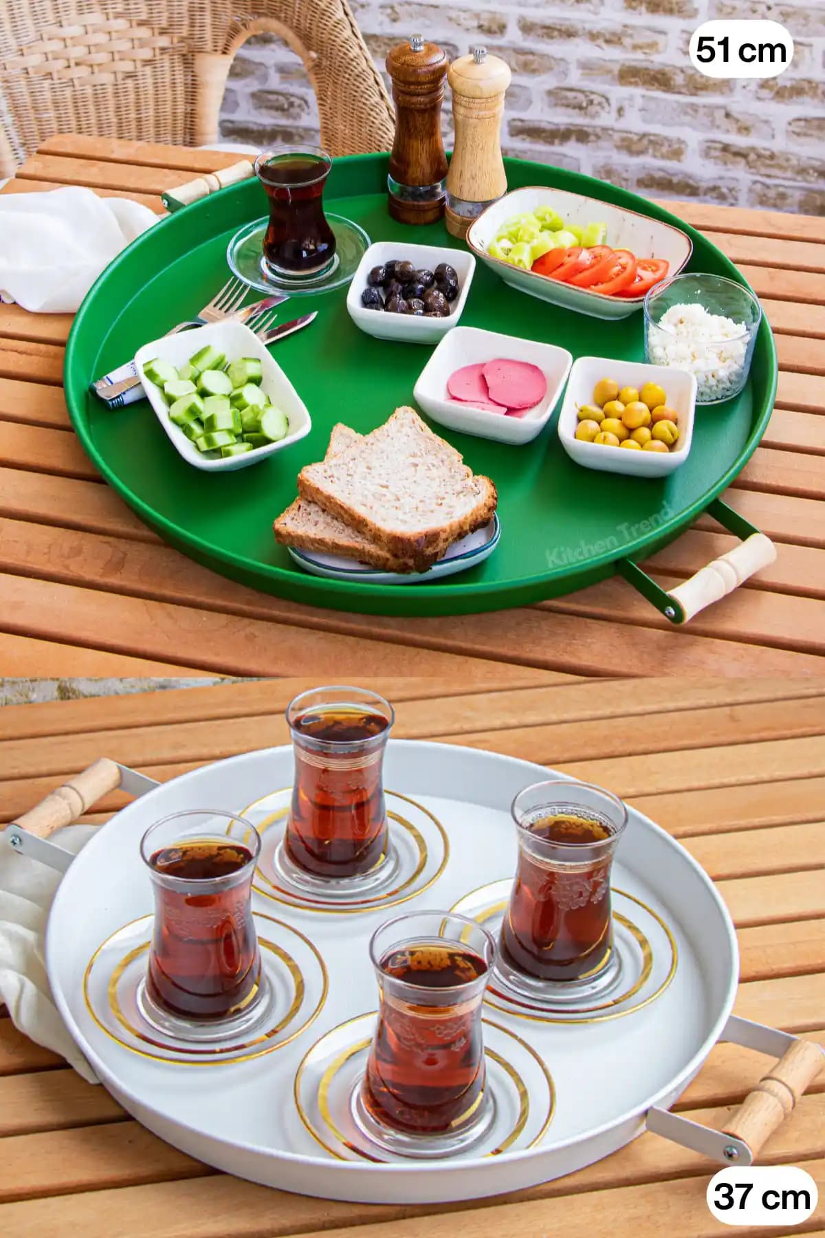 Kitchen Trend 51 cm Yeşil ve 37 cm Beyaz Metal Yuvarlak Tepsi Seti ile Şıklık ve Fonksiyonellik