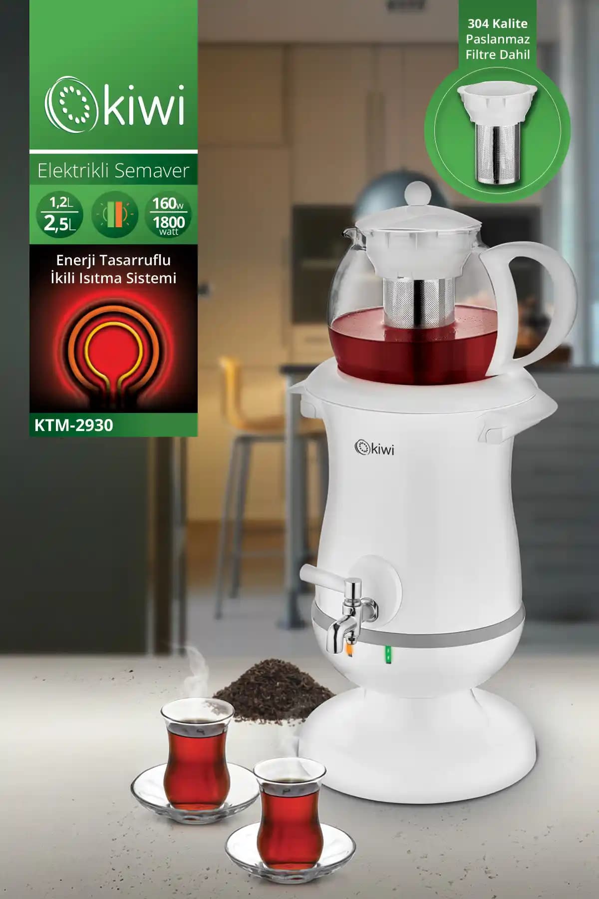 Kiwi Elektrikli Semaver Ktm-2930: Modern Tasarım ve Yüksek Performanslı Çay Makinesi