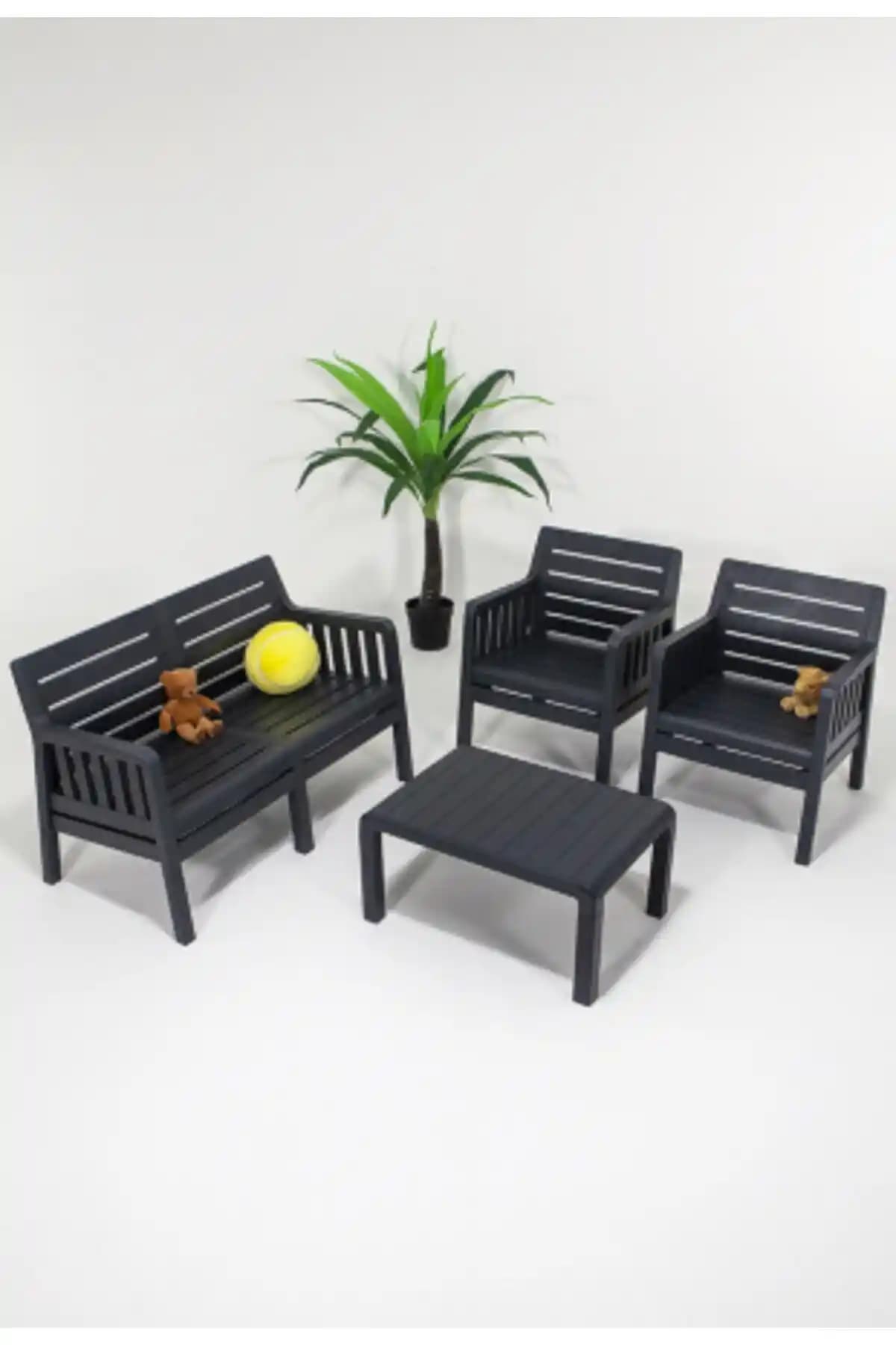 Lara Bahçe Oturma Grubu 2+1+1 Gri Modern ve Dayanıklı Dış Mekan Mobilyası