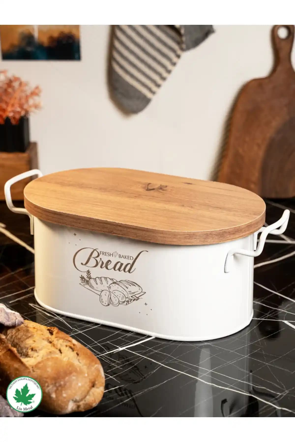 Lin Metal Ahşap Kapaklı Tel Kulplu Metal Ekmeklik: Şık ve Dayanıklı Mutfak Dekorasyonu İçin Ideal Çözüm