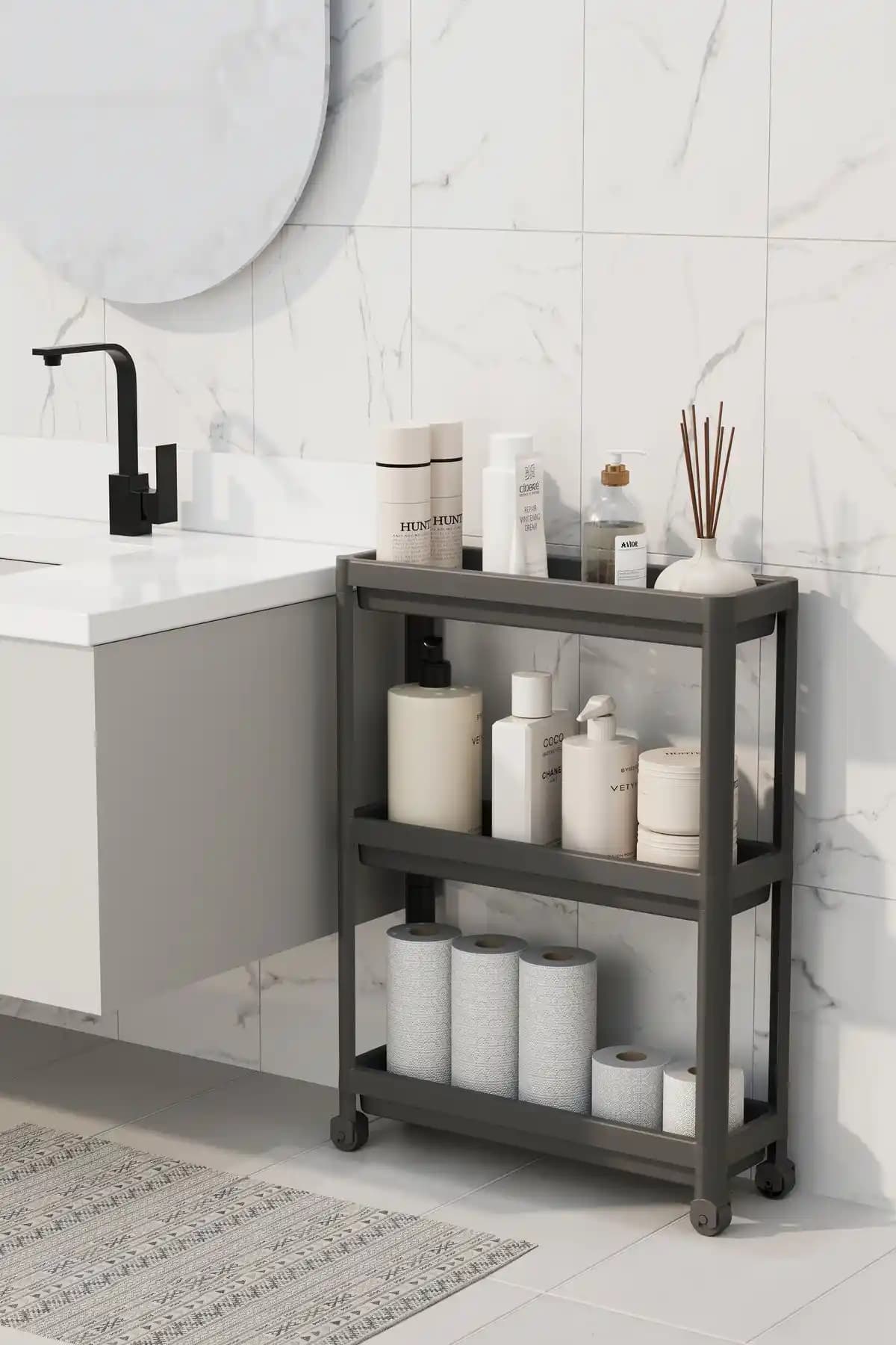 LIUWA Siyah Tekerlekli 3 Katlı Raf Ünitesi Ev ve Ofis İçin Fonksiyonel Çözüm