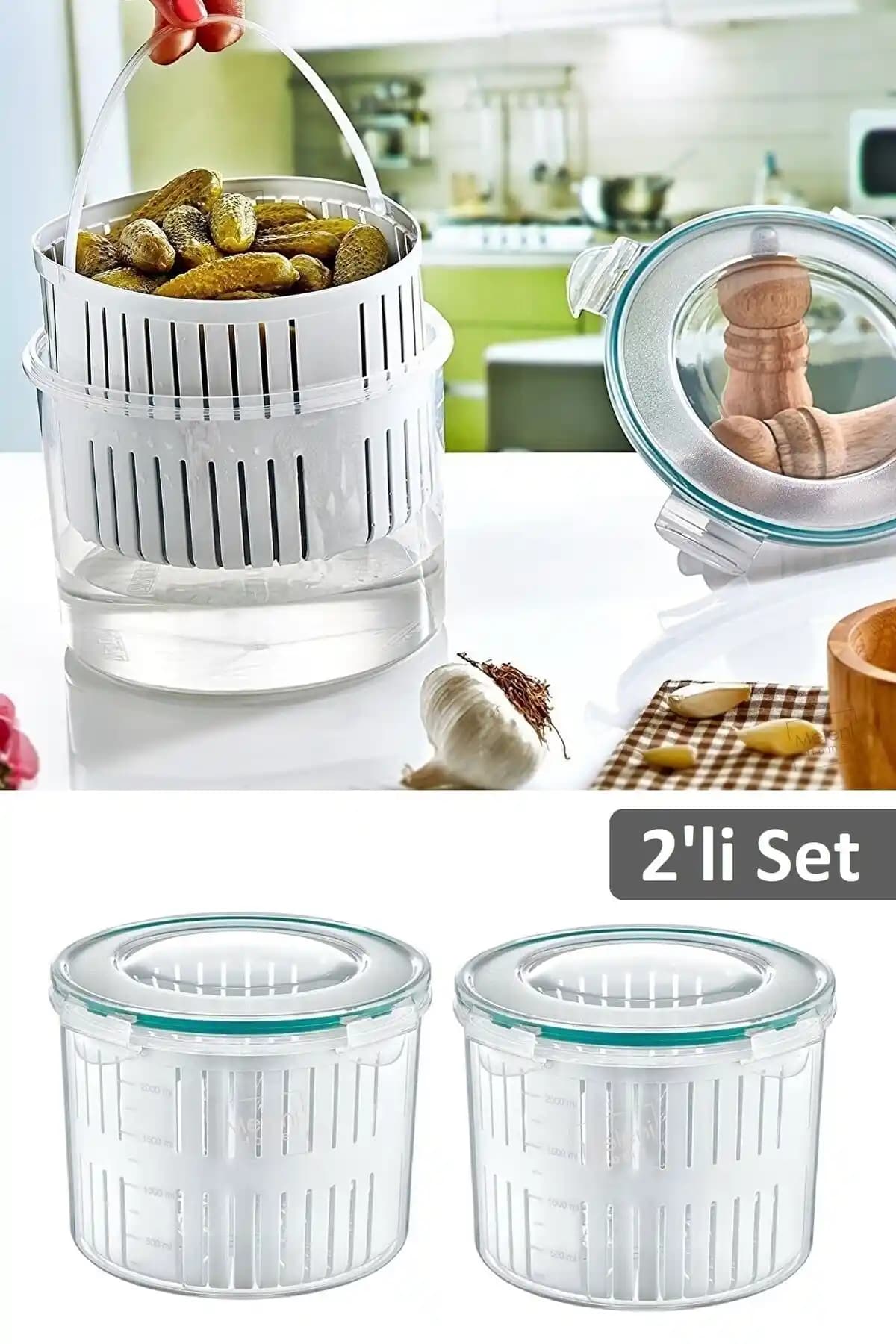 Meleni Home 2'li Süzgeçli Turşuluk ve Zeytin Saklama Kabı - Pratik ve Şık Mutfak Çözümü