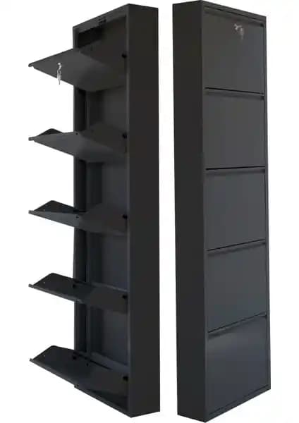 Mobilya Pratik Kilitli 5'li Metal Ayakkabılık Siyah Modern ve Dayanıklı Tasarım