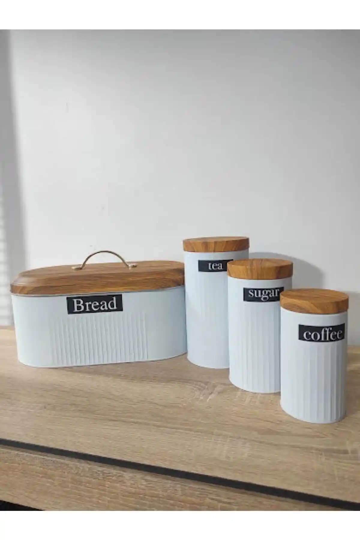 Modern Bambu Kapak Görünümlü Metal Ekmeklik ve 3'lü Kavanoz Seti ile Mutfak Dekorasyonunuzu Yenileyin