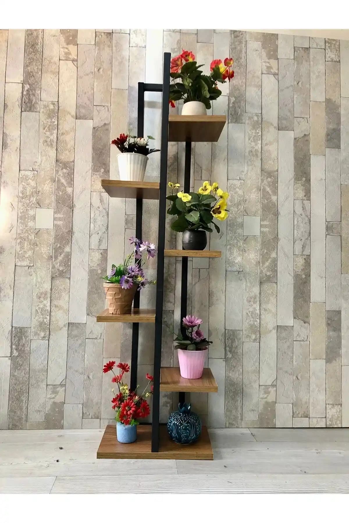 Modern Siyah Metal Çerçeveli Ahşap Raflı 6 Bölmeli Çiçeklik Dekorasyon Unsuru