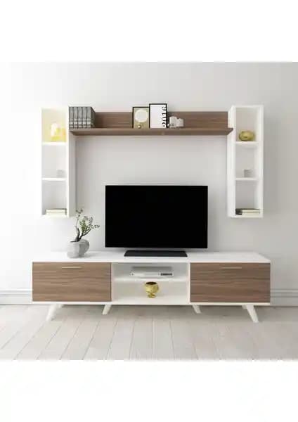 Moonlife Istanbul Dolaplı TV Ünitesi Beyaz Ceviz Modern Tasarım ve Fonksiyonellik