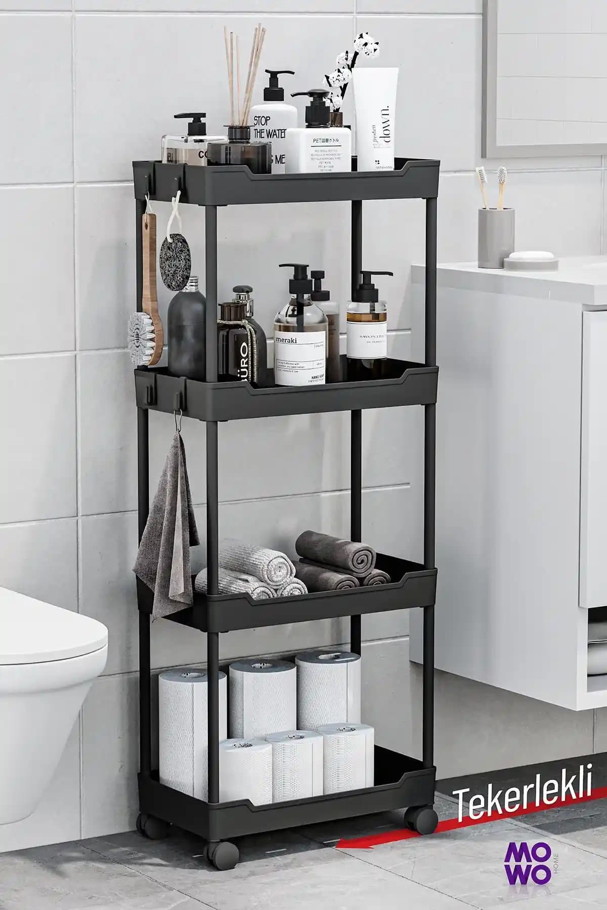 Mowo Home 4 Katlı Siyah Tekerlekli Raf: Modern ve Çok Yönlü Depolama Çözümü