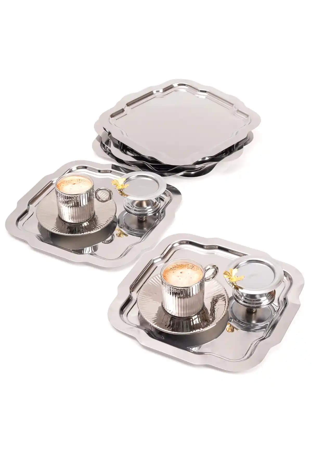 NEWTREND Züccaciye 6'lı Lüx Papatya Model Paslanmaz Çelik Gümüş Sunum ve Servis Tepsisi