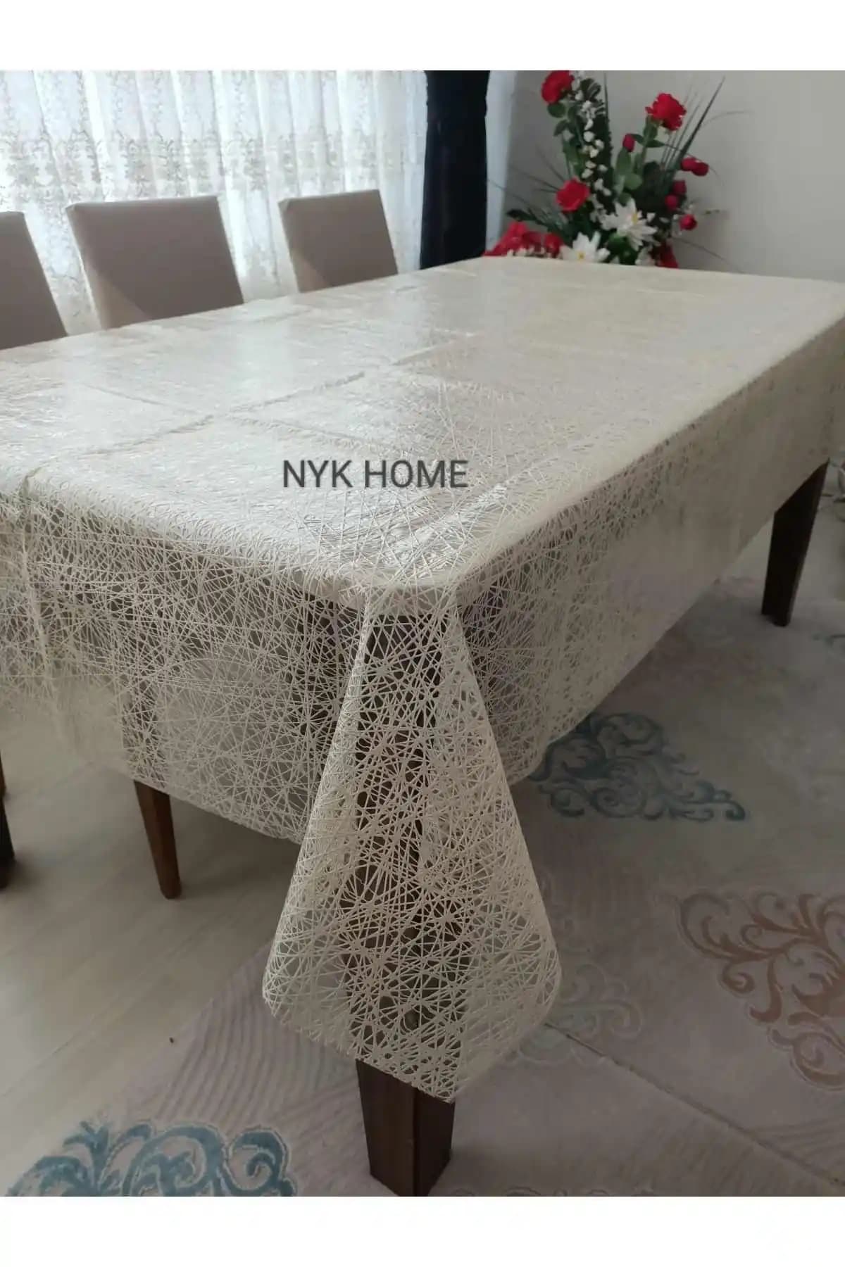 NYK HOME Şık ve Dayanıklı PVC Silinebilir Masa Örtüsü Bej Çiçek Desenli Modern Tasarım