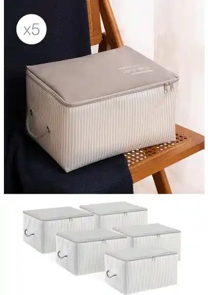 Ocean Home Textile 5'li Küçük Boy Gri Çizgili Hurç Seti Ev ve Depolama İçin Pratik Çözüm