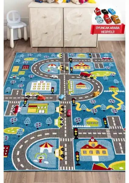 Odeon Halı 3 Boyutlu Trafik Arabalı Çocuk Oyun Halısı Güvenli ve Dayanıklı Tasarım