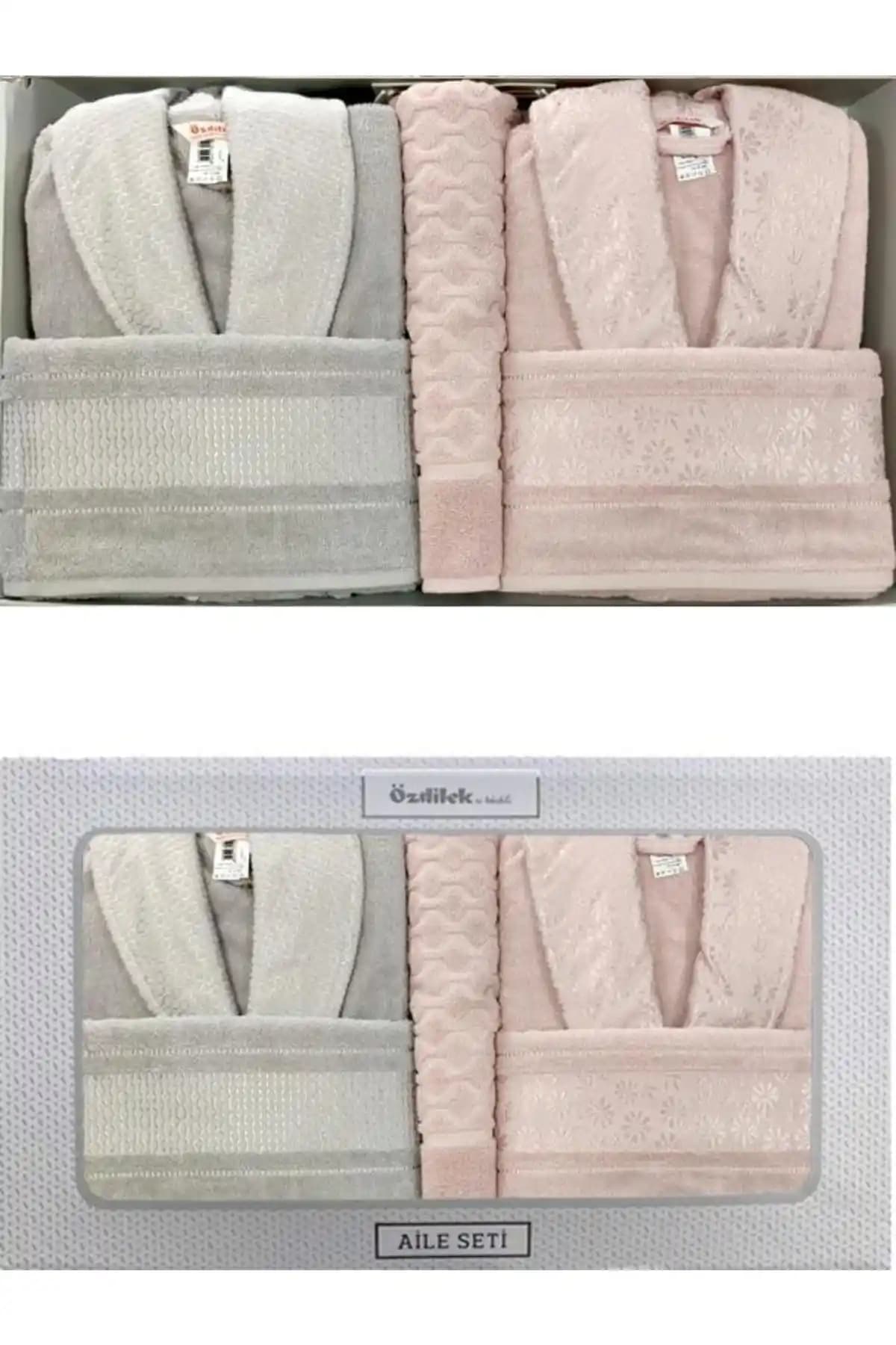 Özdilek Blossom Happy Aile Bornoz Seti Pembe Gri Yüksek Kalite ve Konforlu Tasarım