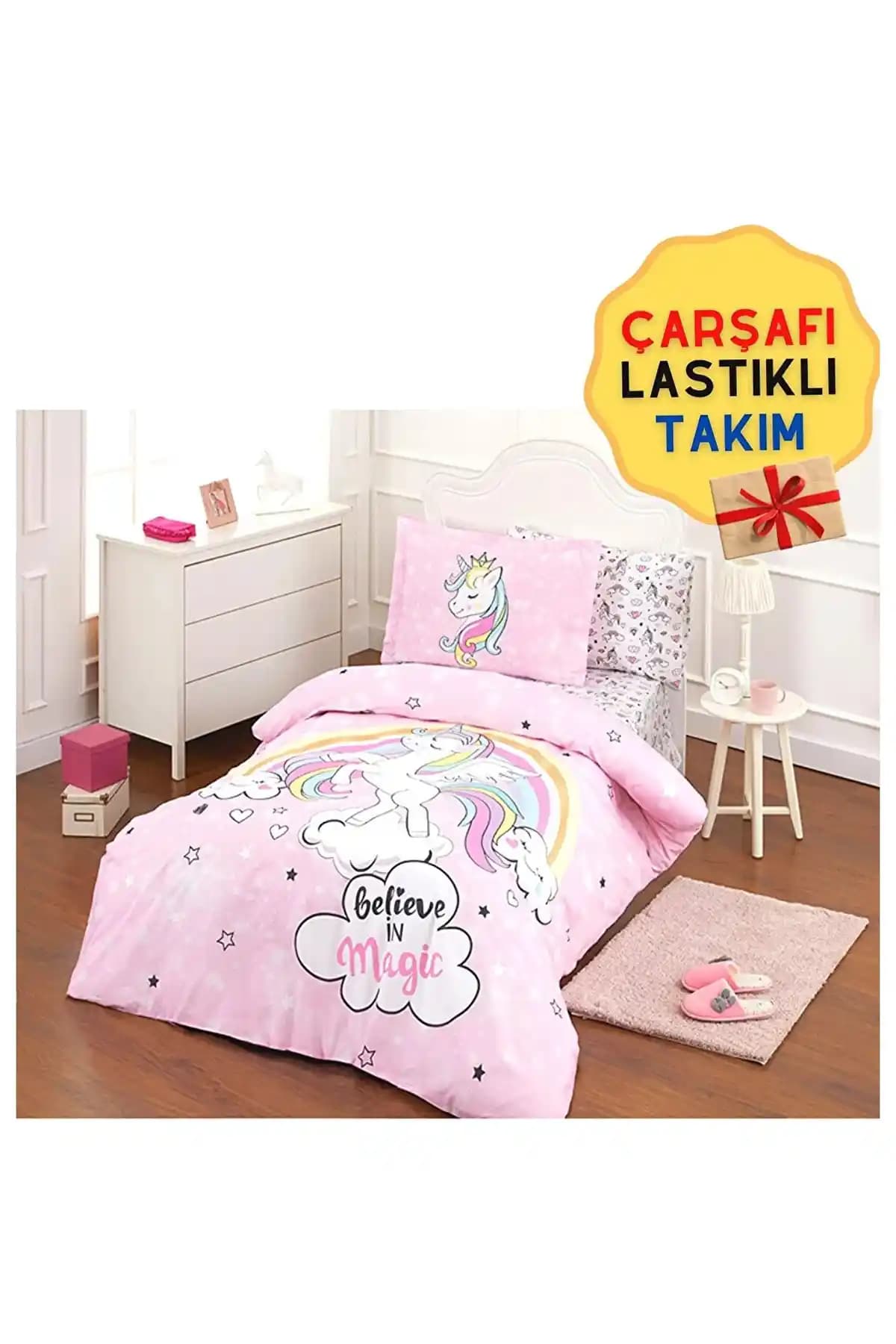 Özdilek Unicorn Lastikli Kız Çocuk Nevresim Takımı - Canlı Renkler ve Yüksek Kalite