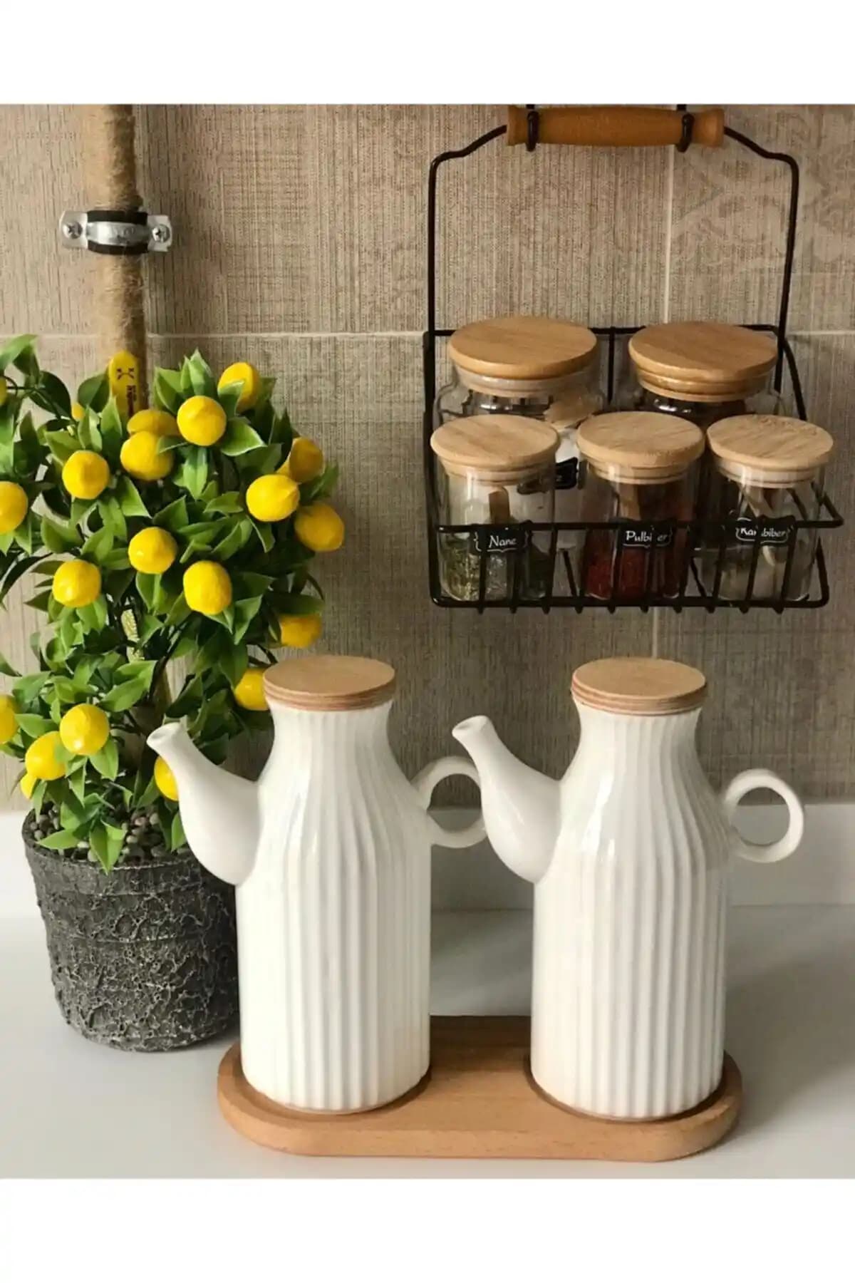 Pembelia Life 2'li Porselen Yağdanlık ve Bambu Altlık Seti Modern Mutfak Dekoru