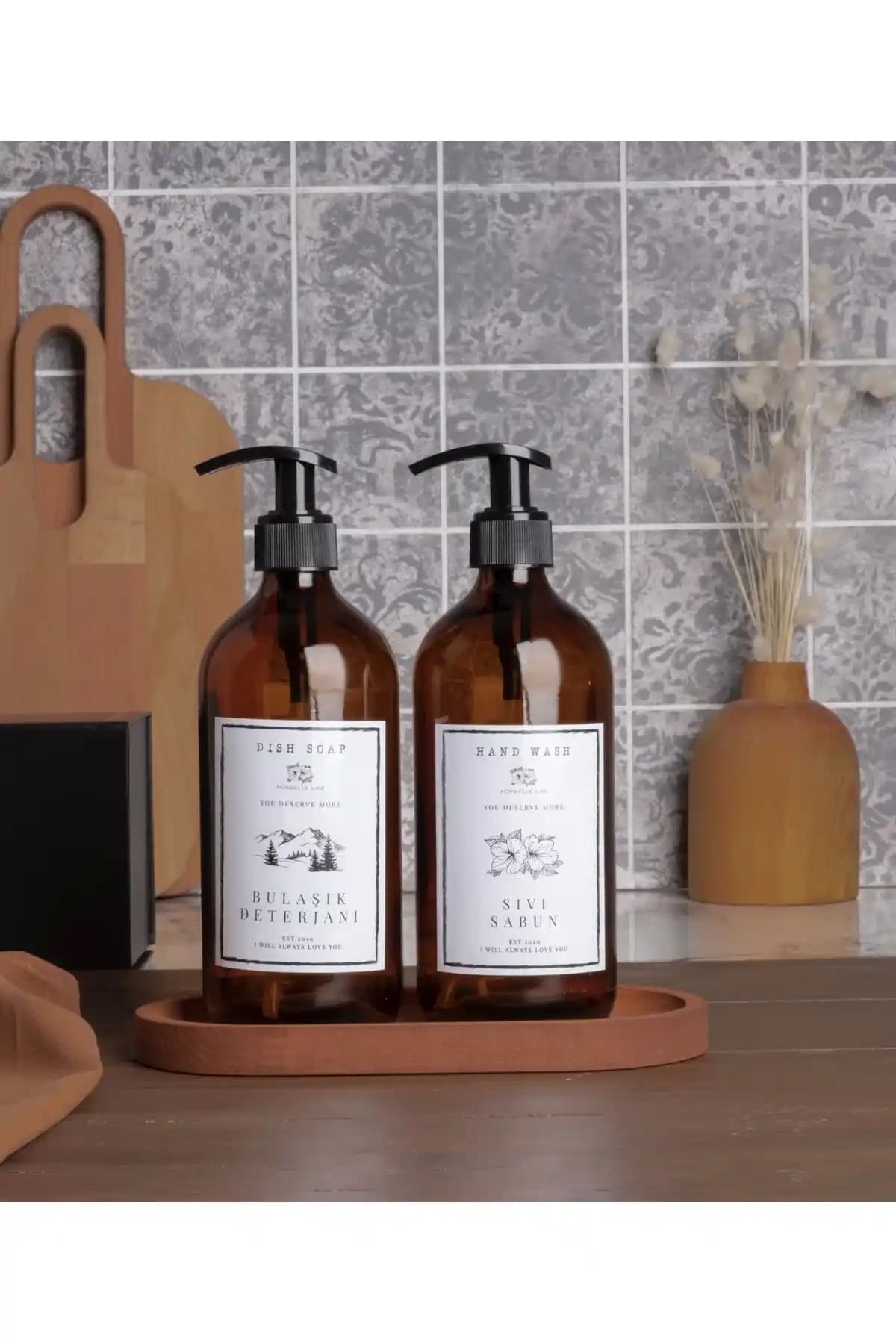 Pembelia Life Ahşap Standlı Amber Cam Sabunluk Seti Modern Banyo ve Mutfak Dekorasyonu İçin