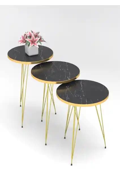 Pratico Gold Metal Ayak Siyah Mermer Desen Zigon Sehpa Seti Modern ve Şık Tasarım