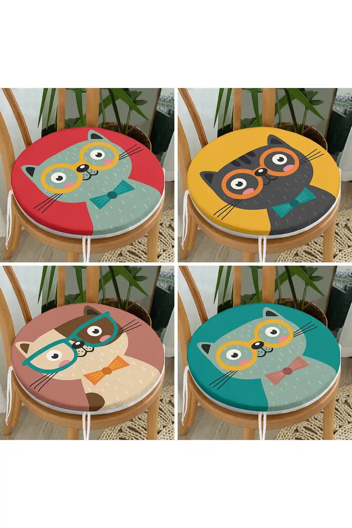 Realhomes 4'lü Renkli Sevimli Kedicik Baskılı Yuvarlak Fermuarlı Sandalye Minderi Seti