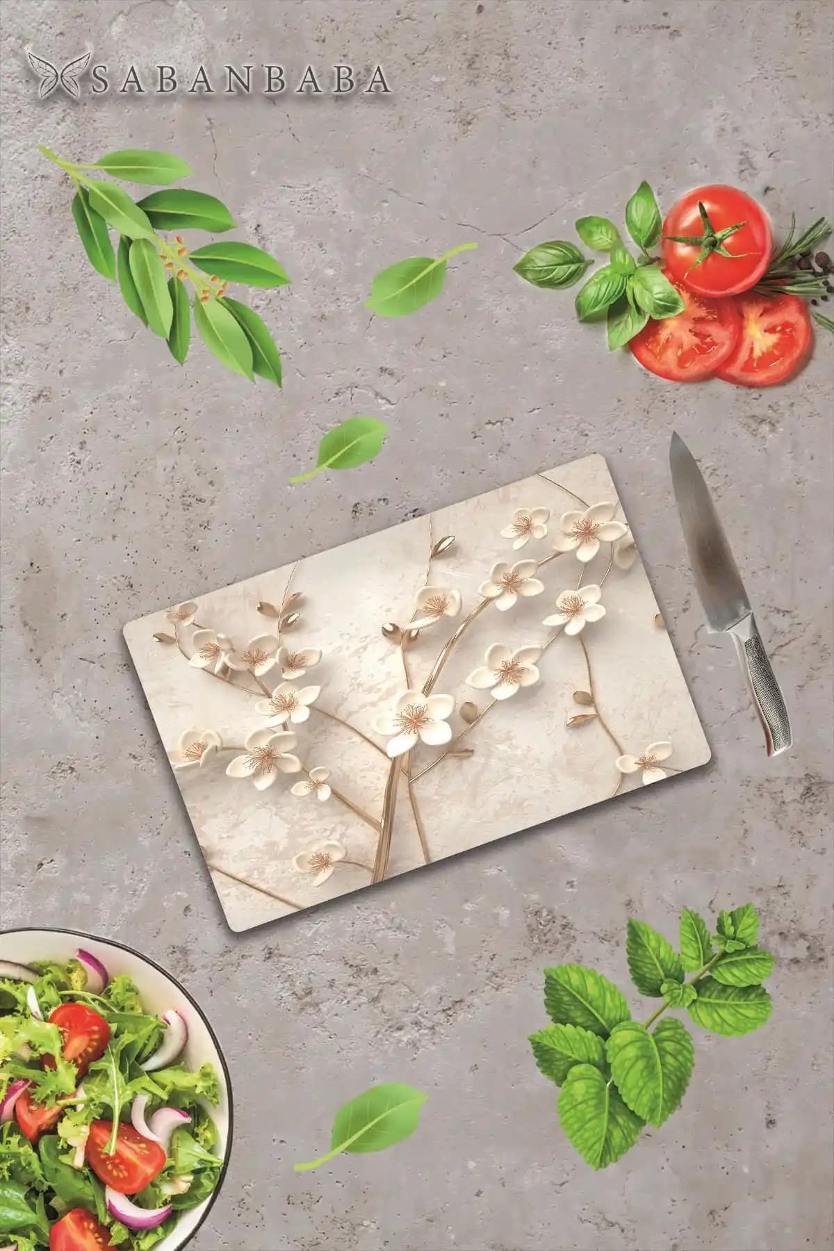 Saban 30x40cm Yapay Güller ve Cam Kesme Tahtası Estetik ve Fonksiyonel Tasarım