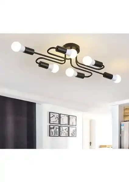 Sima Siyah Rustik Modern Ahtapot Plafonyer 6'lı Avize - Şık ve Dayanıklı Aydınlatma Çözümü