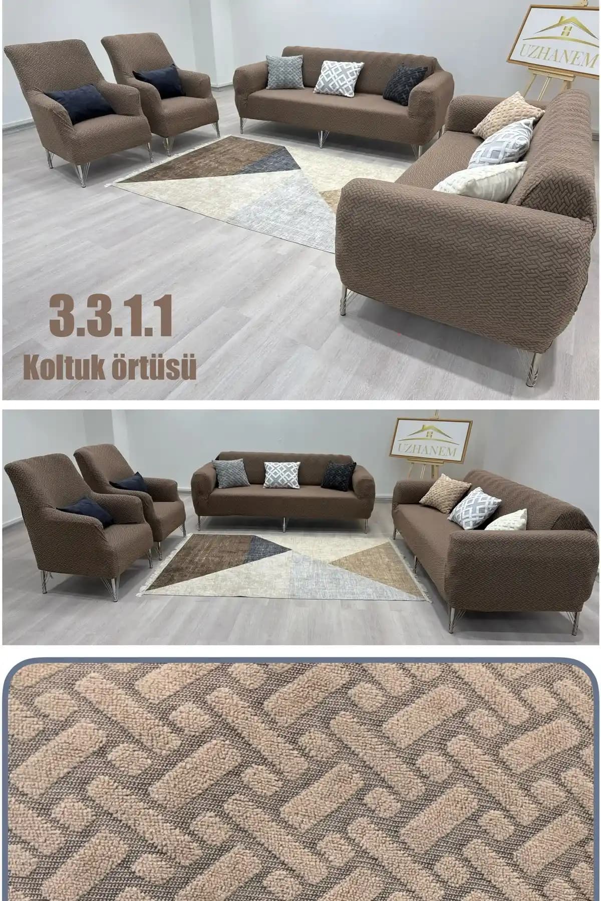 UzHanem 3.3.1.1 Modern ve Dayanıklı 4'lü Koltuk Örtüsü Takımı Kahverengi