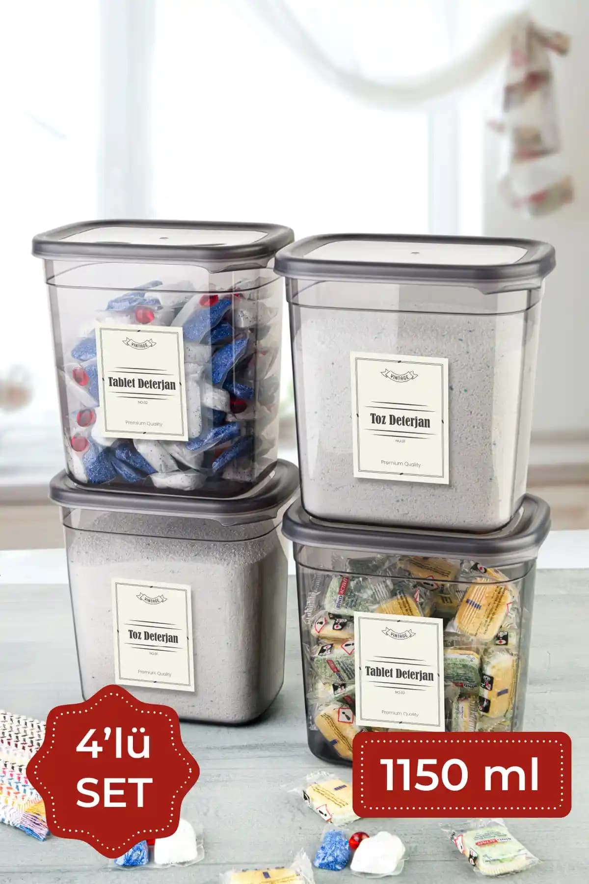 Vienev 1150 ml 4'lü Peggy Dikdörtgen Deterjan Saklama Kabı Seti Modern ve Dayanıklı Tasarım