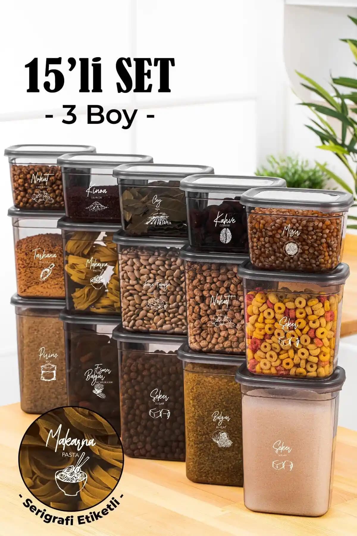 Vienev Beyaz Serigrafi Etiketli 15'li Saklama Kabı Seti Mutfak Düzeni ve Gıda Tazeliği İçin