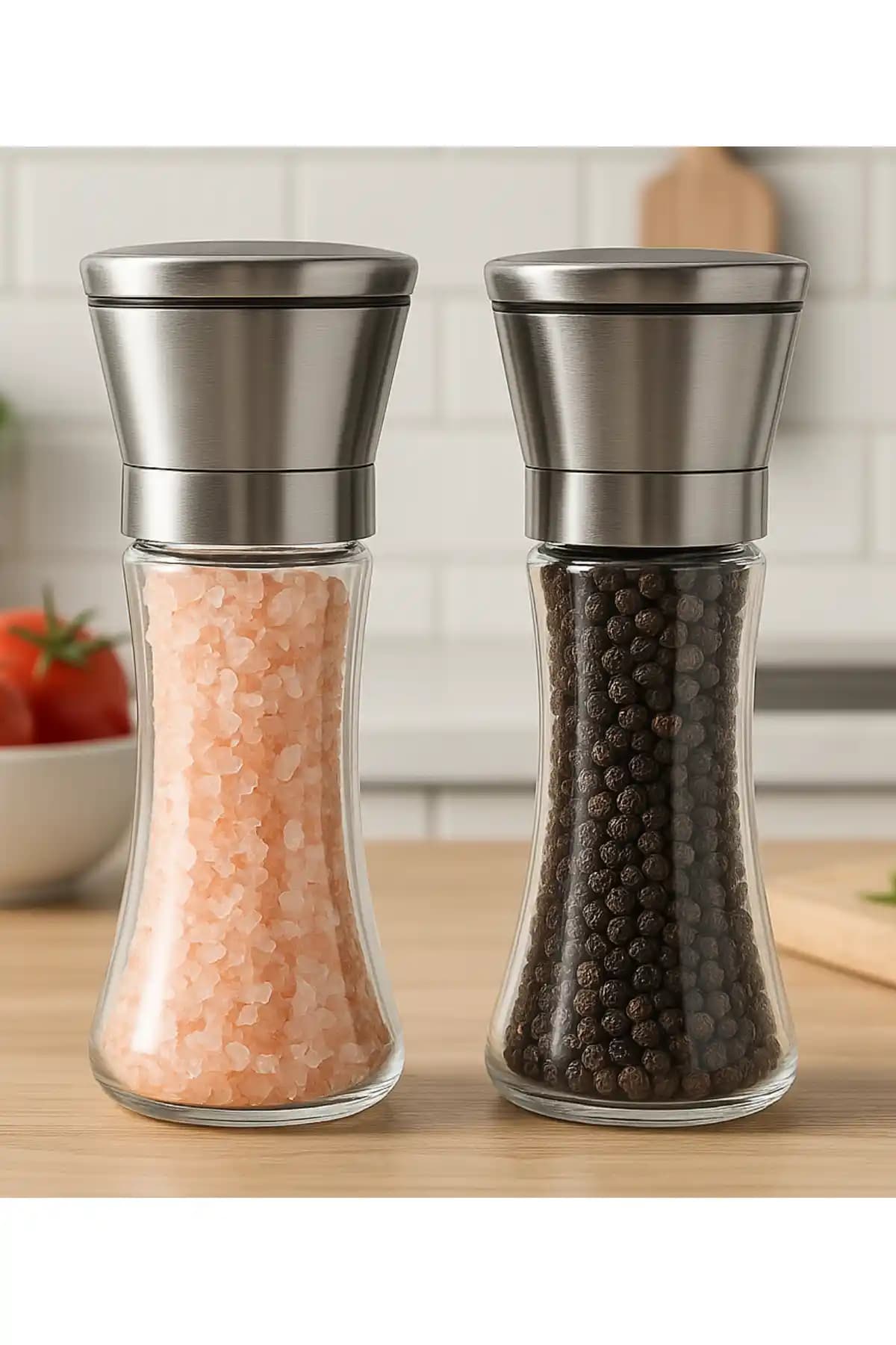Vivien Home Çiftli Cam Gövdeli Paslanmaz Çelik Kapaklı Tuz ve Karabiber Öğütücüleri Seti