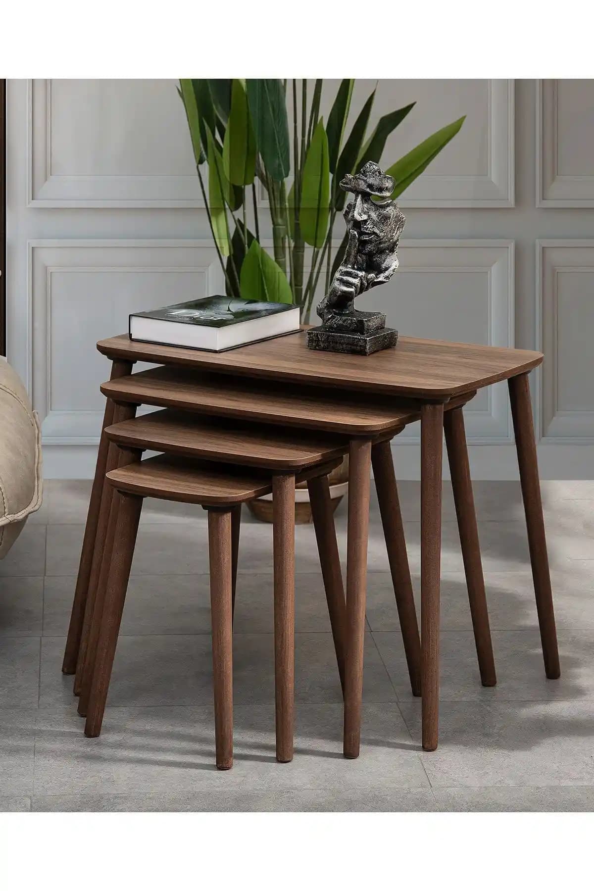 Vovvahome Luci 4'lü MDF Ahşap Zigon Sehpa Ceviz Renk Modern Tasarım