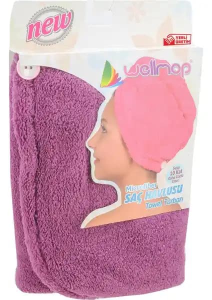 Wellmop Mikrofiber Düğmeli Saç Havlusu Mor Renkli Hızlı Kuruma ve Saç Sağlığını Koruyan Tasarım