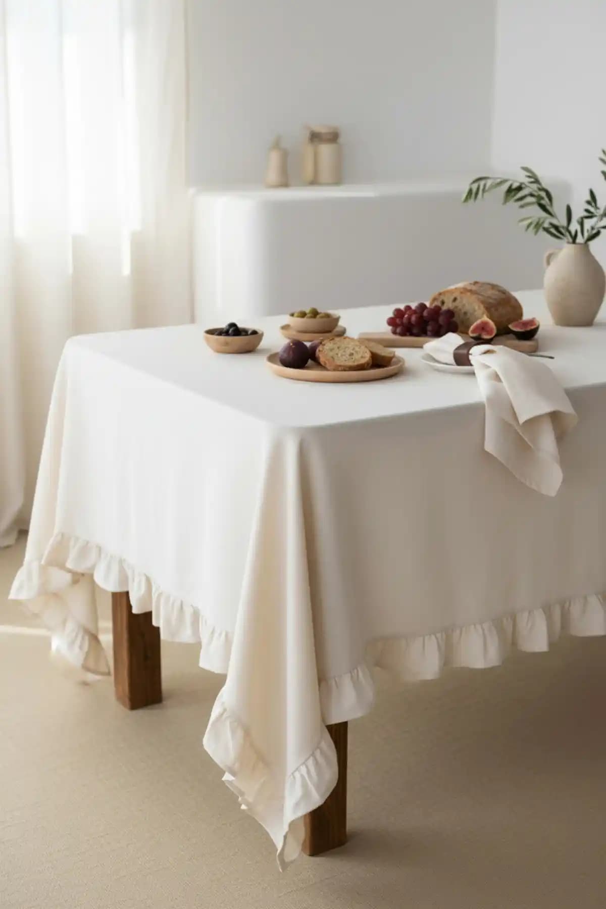 Wellstil Perla Fırfırlı Keten Bej Masa Örtüsü: Şıklık ve Dayanıklılık Bir Arada