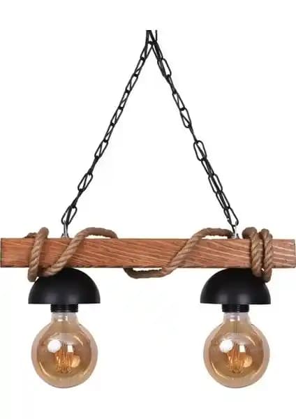 Zümra Ahşap 2'li Halatlı Rustik Avize Doğal Malzeme ve Endüstriyel Tasarım