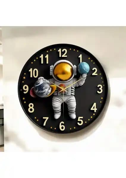AA Shop Renkli Astronot Çocuk Desenli Ahşap Sessiz Duvar Saati 45cm