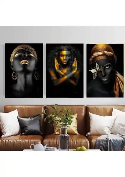 Afrikalı Kadın Temalı 3'lü Kanvas Tablo Seti Yüksek Kalite ve Estetik Tasarım