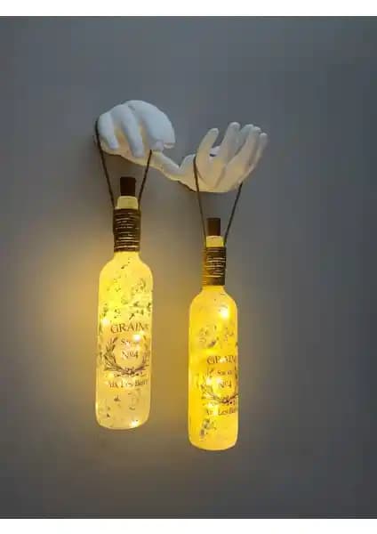 El Yapımı LED Işıklı Buzlu Cam Şarap Şişesi Aplikleri 2'li Set Dekoratif ve Hediye Seçeneği