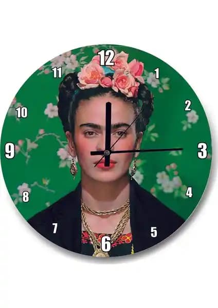 Frida Kahlo Temalı Yeşil Zemin Duvar Saati Sanat ve Dekorasyon İçin Uygun