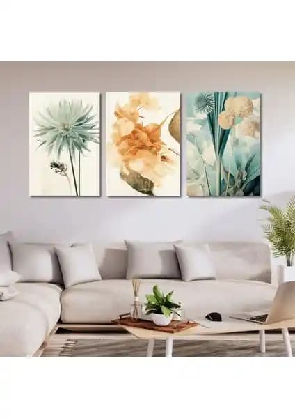 Gaagart 3'lü Kanvas Duvar Tablosu Seti Bohem Pastel Çiçek Tasarımı
