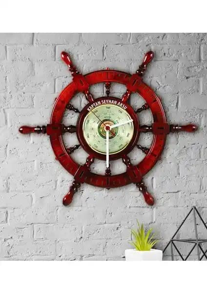 Kişiye Özel Tekne Dümeni Tasarımlı Ahşap Duvar Saati - Vintage ve Denizcilik Temalı Dekorasyon