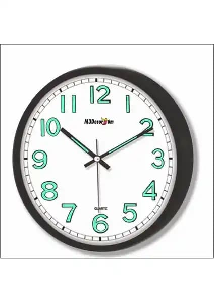 M3 Decorium Mineral Ön Camlı Siyah Çerçeve Sessiz Fosforlu Duvar Saati 22 cm