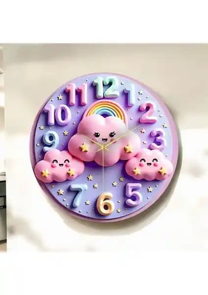 Modern Ahşap Çocuk Temalı Sessiz Duvar Saati 45CM Renkli Baskı ve Dayanıklı Tasarım