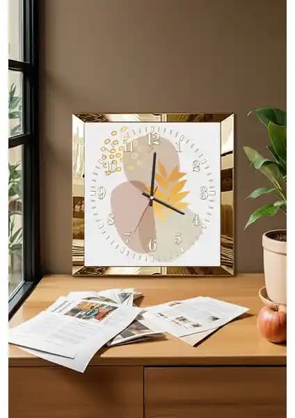 Modern Gold Çerçeveli Soyut Tasarımlı Dekoratif MDF Duvar Saati 50x50 cm