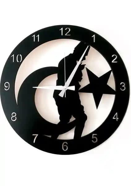 Modern Siyah Ahşap Atatürk Portreli Duvar Saati Dekoratif ve Şık Tasarım