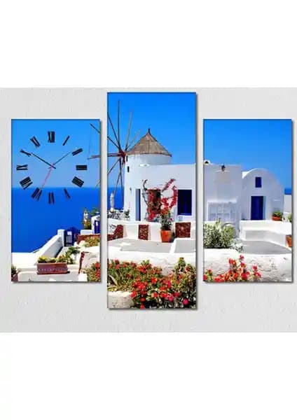 Santorini Temalı 3 Parçalı Canvas Tablo Saat Modern Dekorasyon İçin Uygun