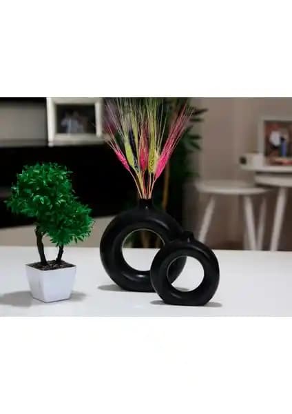 Stonnish Siyah Betondan Modern ve Şık 2'li Vazo Seti Dekorasyon Ürünü