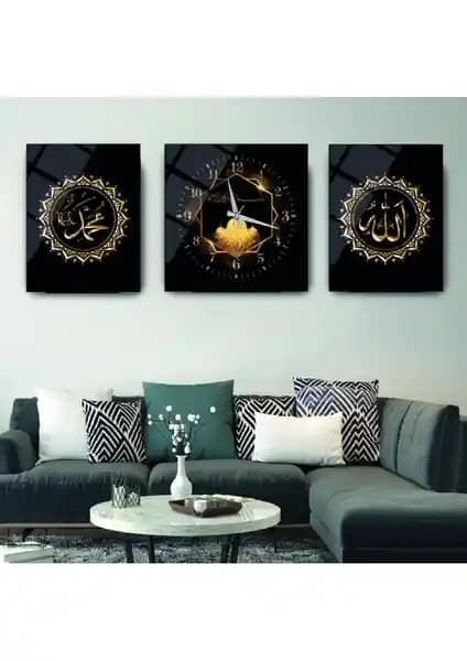 Zevahir Mobilya Dini Cam Tablo ve Saat Seti Hz Muhammed ve Allah Lafzı Tasarımı