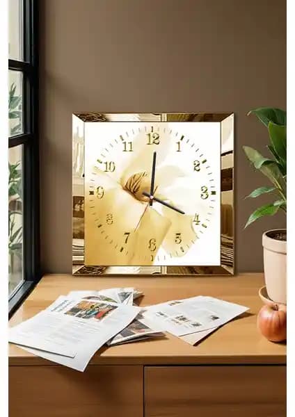 Zevahir Mobilya Gold Çerçeveli Sarı Çiçek Temalı Dekoratif MDF Duvar Saati