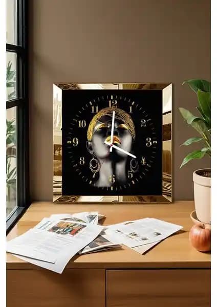Zevahir Mobilya Gold Çerçeveli Siyahi Kan Temalı MDF Duvar Saati 50x50 cm Modern Dekorasyon