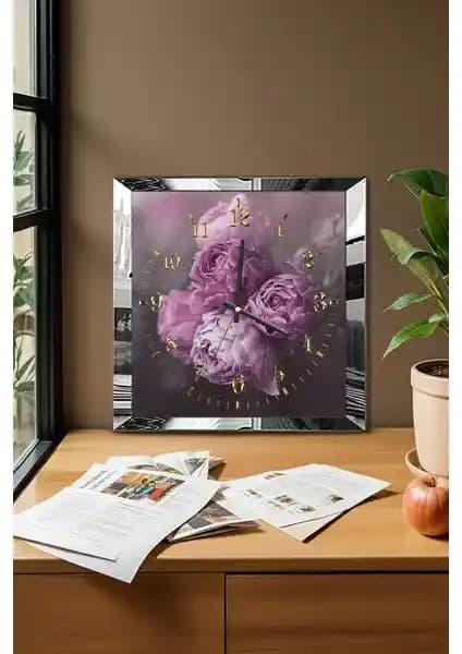 Zevahir Mobilya Gümüş Çerçeveli Mor Çiçekler Temalı Dekoratif MDF Duvar Saati