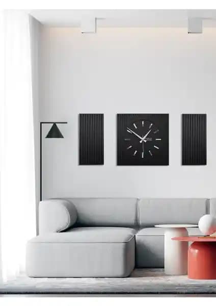 Ahşap Fabrika Zaman Koleksiyonu Siyah Rayondan Üç Parça Kare Duvar Saati